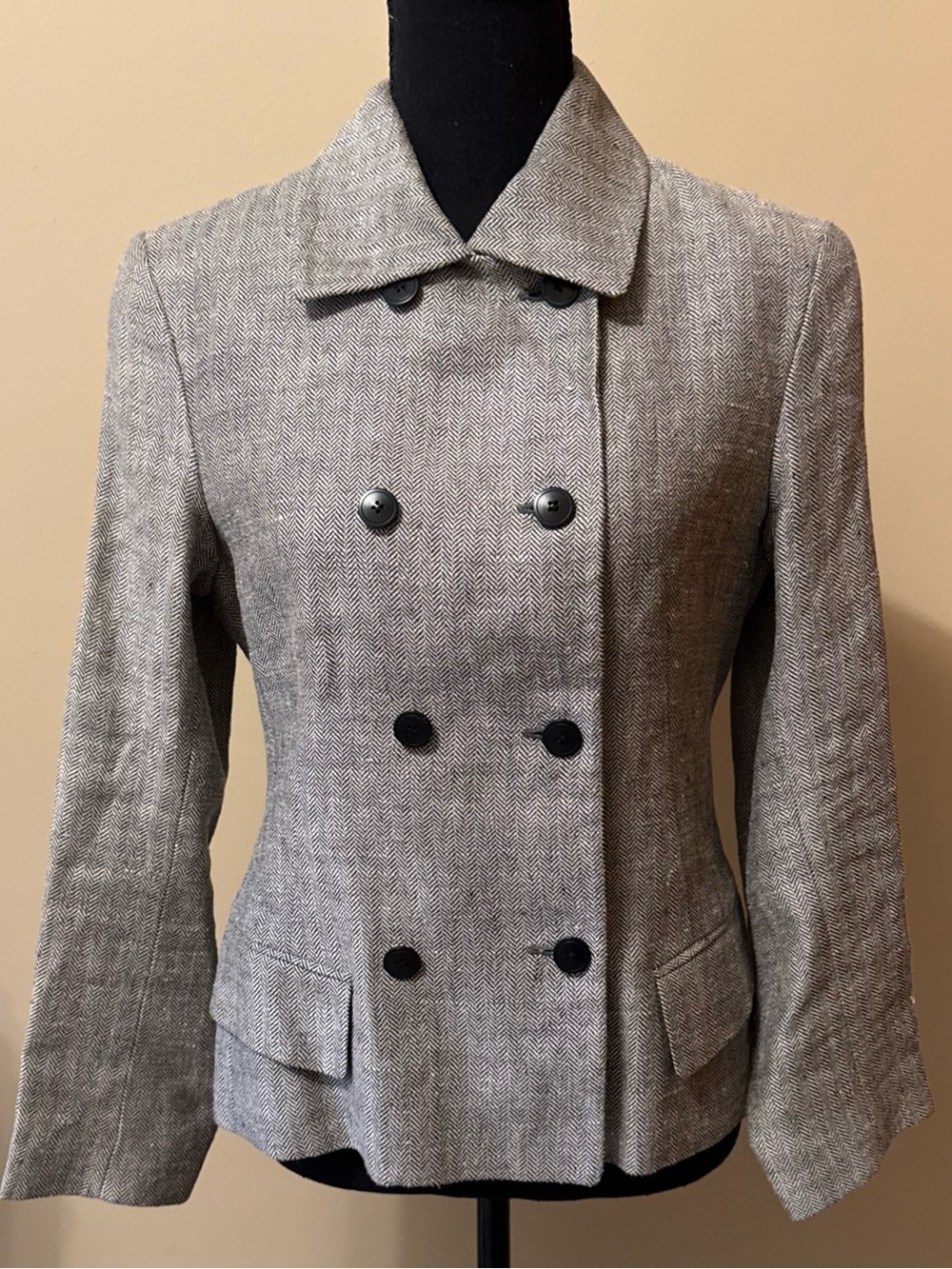 Donna Karan Gray Double-Breasted 100% Linen Herringbone Blazer